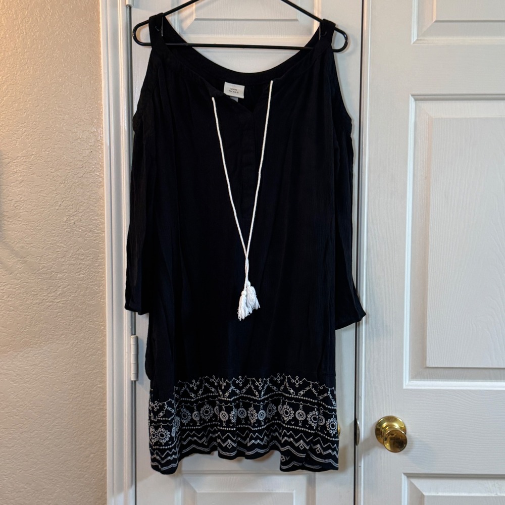 Knox Rose Women's Keyhole Sleeve Black Boho Dress Size XXL White Stitched Detail